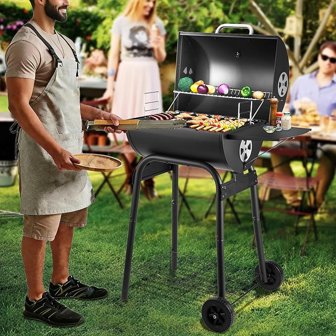 Charcoal Grill Outdoor BBQ Grill, Barrel Charcoal Grills with Side Table, with Nearly 500 Sq.In. Cooking Grid Area, Outdoor Backyard Camping Picnics, Patio and Parties, Black by DNKMOR