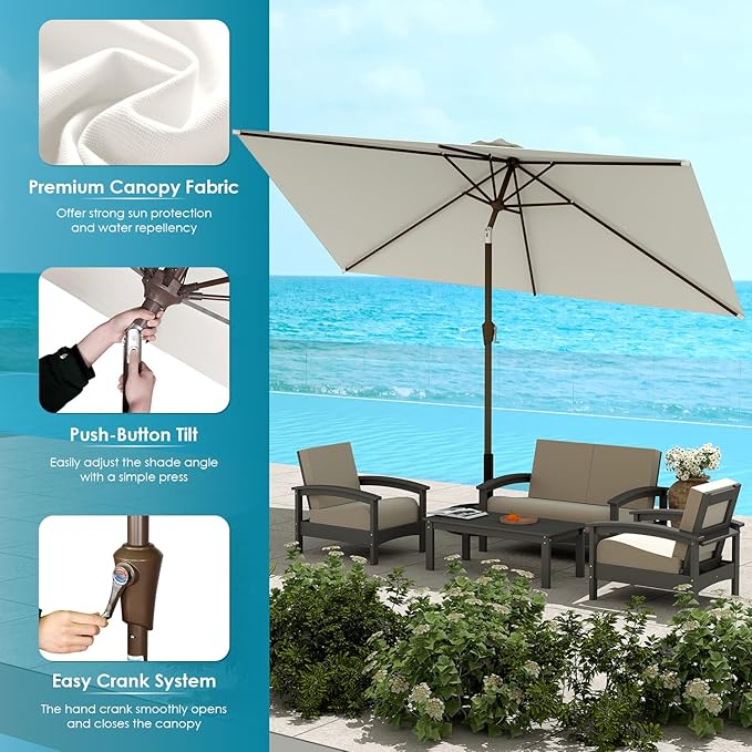 GREENVINES 6.5X10 FT Rectangular-Patio-Umbrella | Outdoor-Table-Umbrellas | 6 Sturdy Steel Ribs | Push Button Tilt & Crank | Waterproof | Market Umbrella | for Pool Backyard Garden Deck | Beige