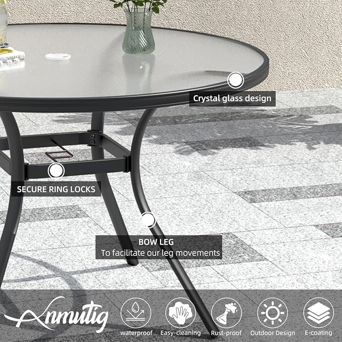 40" Round Glass Ourdoor Table for 4 Person with Umbrella Hole, Black Frame | 40 inch Round Glass Table Top, Black Metal Frame, 4 Person Table