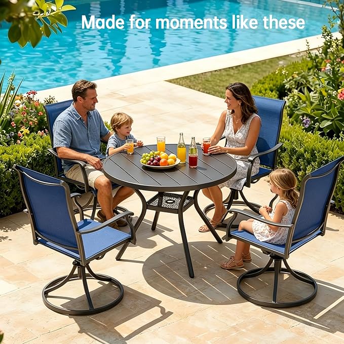 MEOOEM 5-Piece Patio Dining Set for 4, Outdoor Round Tables and Swivel Chairs Set of 4, All Weather Heavy Duty Outdoor Patio Table and Chairs Swivel for Outside, Deck, Garden, Backyard,Blue