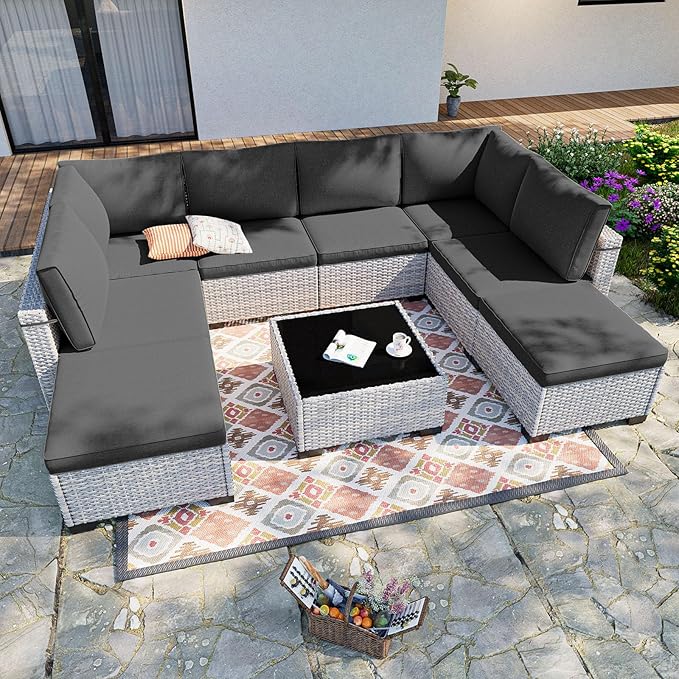 9-Piece Patio Furniture Set, Outdoor with Ottomans, Modular Patio Sofa, Dual-Strand Wicker Rattan, Rust-Resistant Frame, Backyard Furniture for Garden, Deck, Black