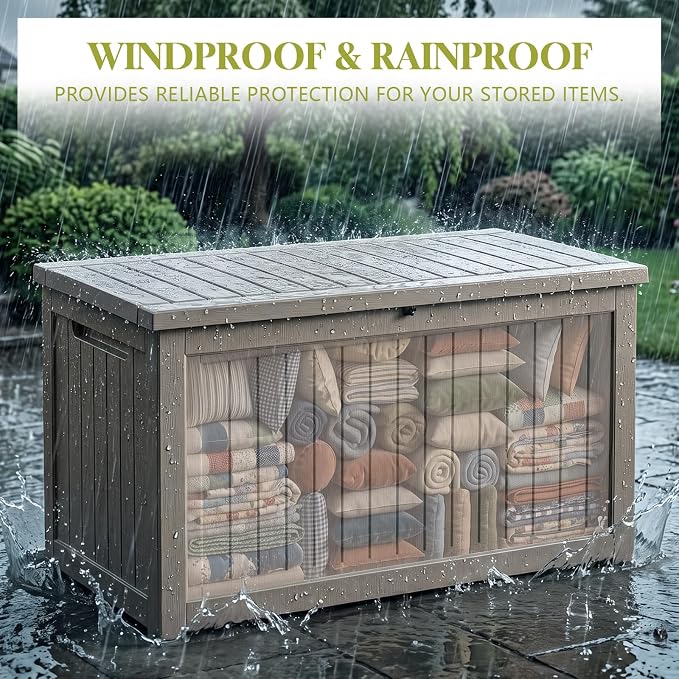 Waterproof Outdoor Storage Box Outside Deck Box Lockable Resin Bench UV Resistant Furniture Cushion Pool Tool Float Bin Patio Garden Porch (Grey, 325 Gallon)