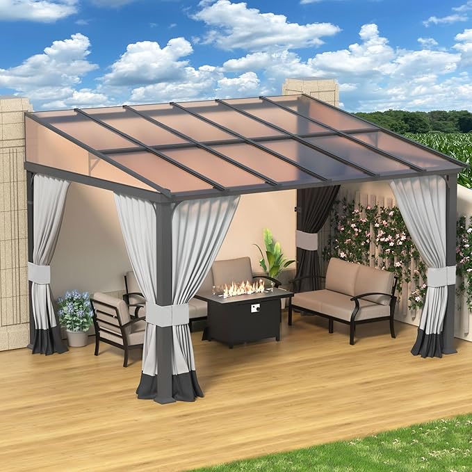 10' x 12' Lean to Gazebo,Large Wall Mount Heavy Duty Gazebos Pavilion,Outdoor Hardtop Pergola Shelter with Curtains and Netting,Sunshade for Patio Garden Lawn Backyard Deck,Grey