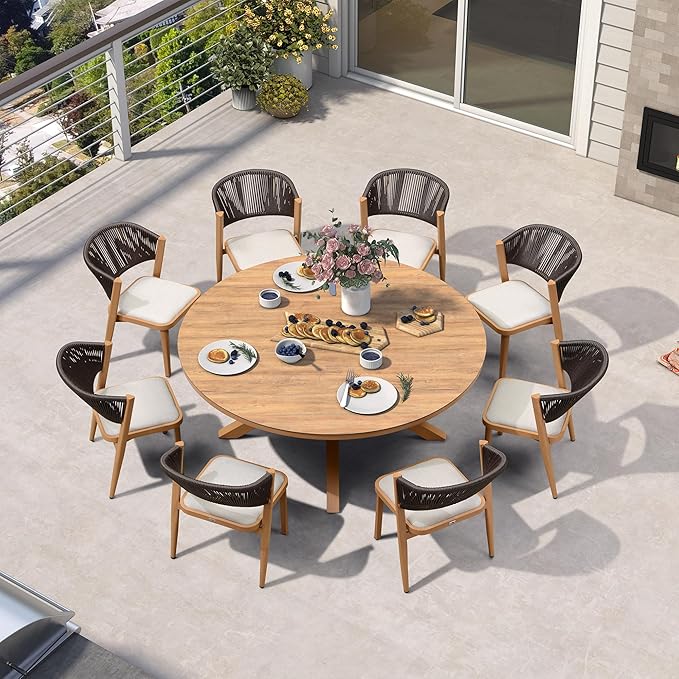 PURPLE LEAF 9 Pieces Round Dining Set Aluminum Frame and Wicker Rattan Patio Table and Chairs with Cushions for Backyard Garden Deck Teak