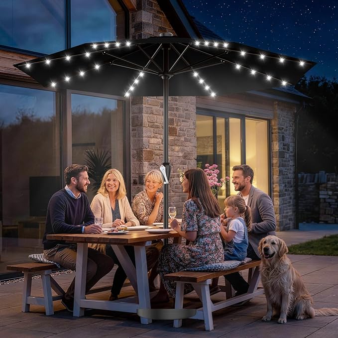 AreShark 12FT Large Patio Umbrella with Solar Lights, Solar Powered Outdoor Umbrella with Crank, Patio Table Market Umbrellas for Garden, Deck, Backyard, Pool and Beach, Black