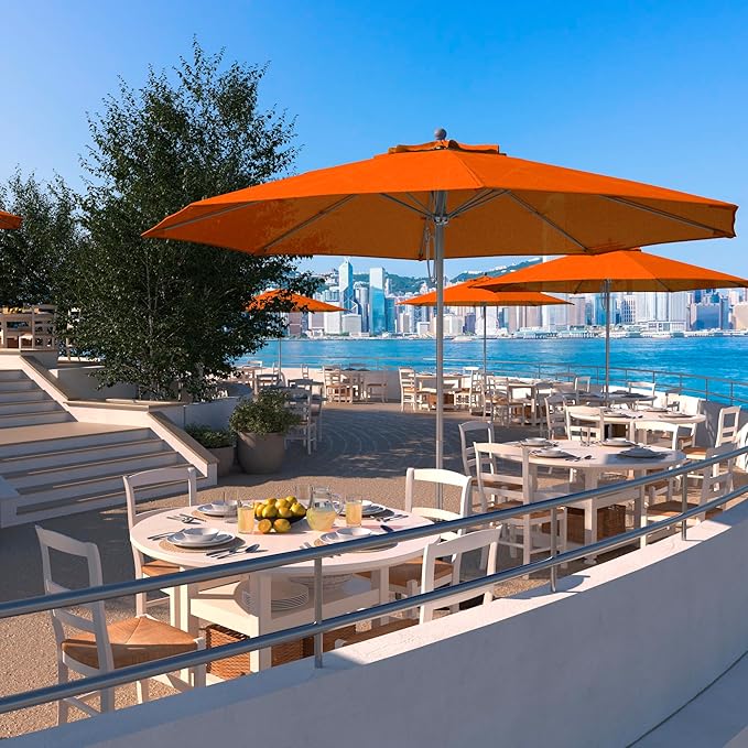 California Umbrella 11Ft Commercial Grade Sunbrella Fabric Market Umbrella, Pulley Lift, Aluminum/Fiberglass, 2mm pole wall, Silver Frame, Tuscan Fabric