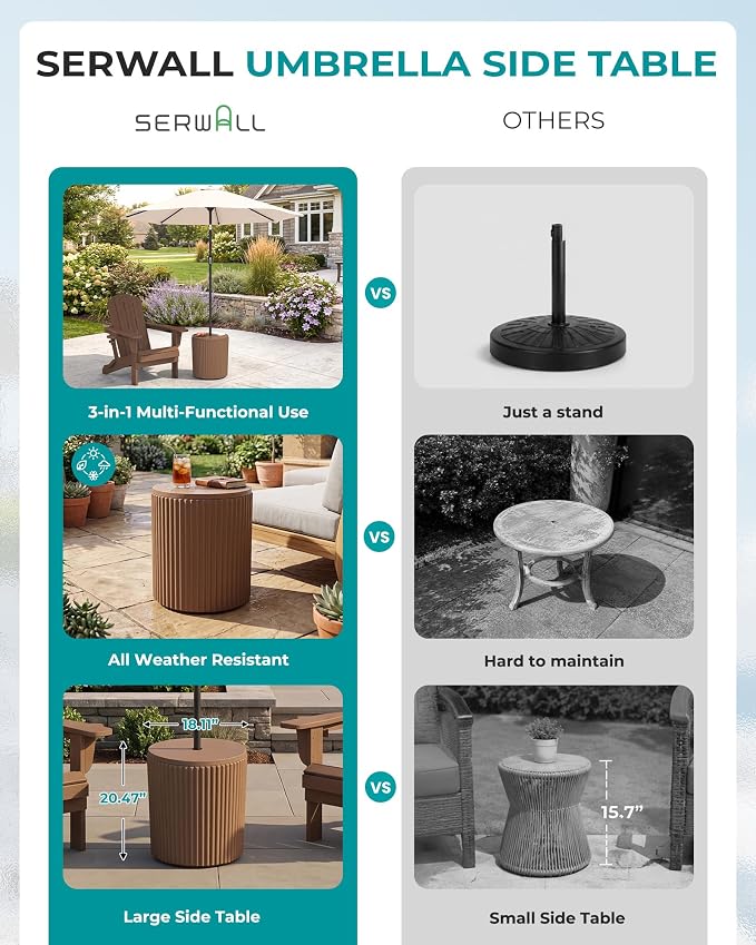 SERWALL Round Outdoor Umbrella Side Table, 3-in-1 Outdoor Patio Table with Umbrella Hole for Porch/Patio/Poolside, Brown