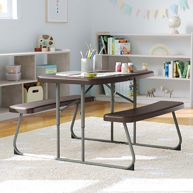 Flash Furniture Paige Easy-Fold Kids Outdoor Picnic Table and Benches - Commercial Grade Folding Plastic Play Table - Recommended for up to Age 5 - Brown