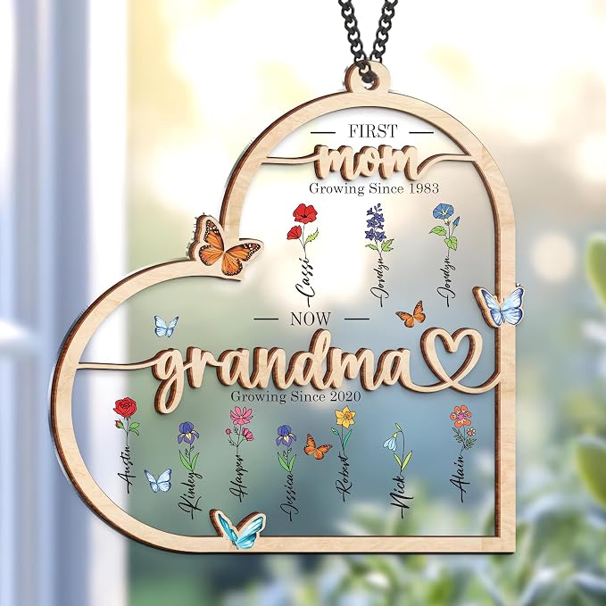 Personalized for Grandma - Birth Flower Grandma's Garden Window Hanging Suncatcher - Mother's Day, Custom Stained Glass Gift for Mom (Grandma's Garden)