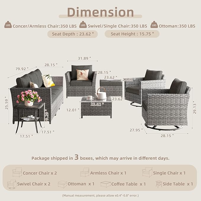 Fully Assembled & Spacious 9-Pc Outdoor Sofa Set, Patio Rattan Conversation Group with Rocking Chair and Tea Table