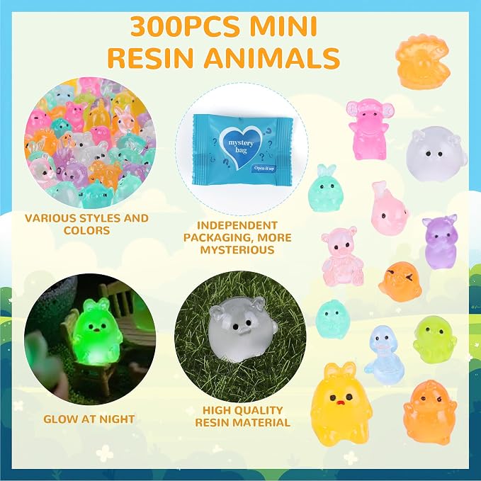 300PCS Mystery Mini Resin Animal Blind Bags, Glow in The Dark Tiny Animal Figures, 50+ Animal Combination Sets for Classroom Prizes, Party Favors, Fairy Garden & DIY Decor