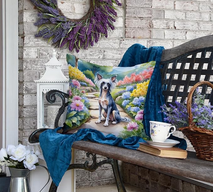 Caroline's Treasures Chinese Crested Spring Path Throw Pillow Machine Washable, Indoor Outdoor Decorative Pillow for Couch, Bed or Patio, 18Hx18W