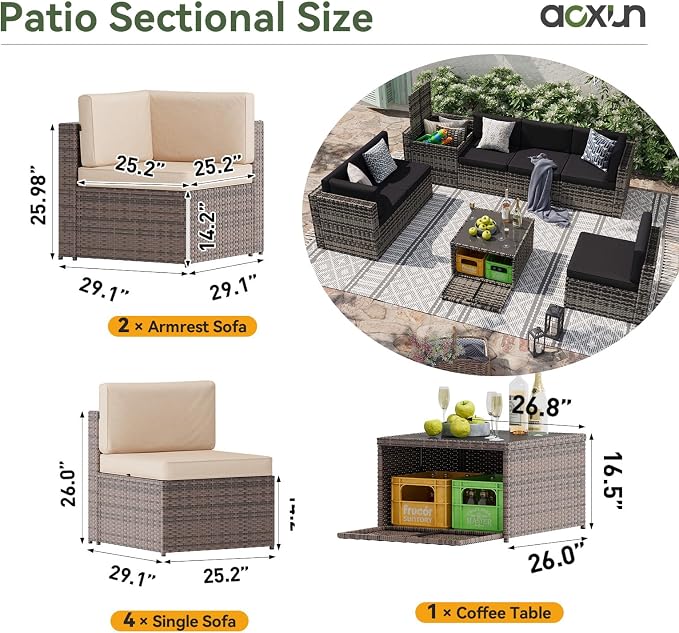 Aoxun 7 Piece Patio Furniture Set, All-Weather Wicker Outdoor Furniture 6 Seats Patio Conversation Sets with Storage Coffee Table, Outdoor Sectional Sofas for Backyard Garden(Brown/Khaki)