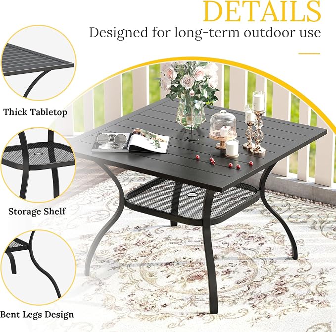VICLLAX 37.8" Square Outdoor Patio Dining Table, All Weather Metal Table for Lawn Garden, Black Tabletop for 4 People