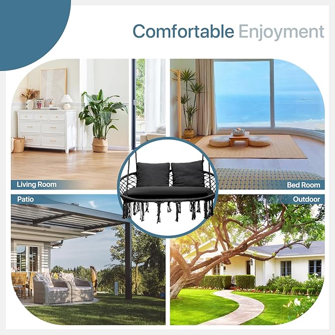 Double Hammock Chair for Indoor & Outdoor Use, Durable Woven Cotton Ropes & Iron Frame, Comfortable Seating for Patio Garden and Porch, 700 lbs Capacity, Black