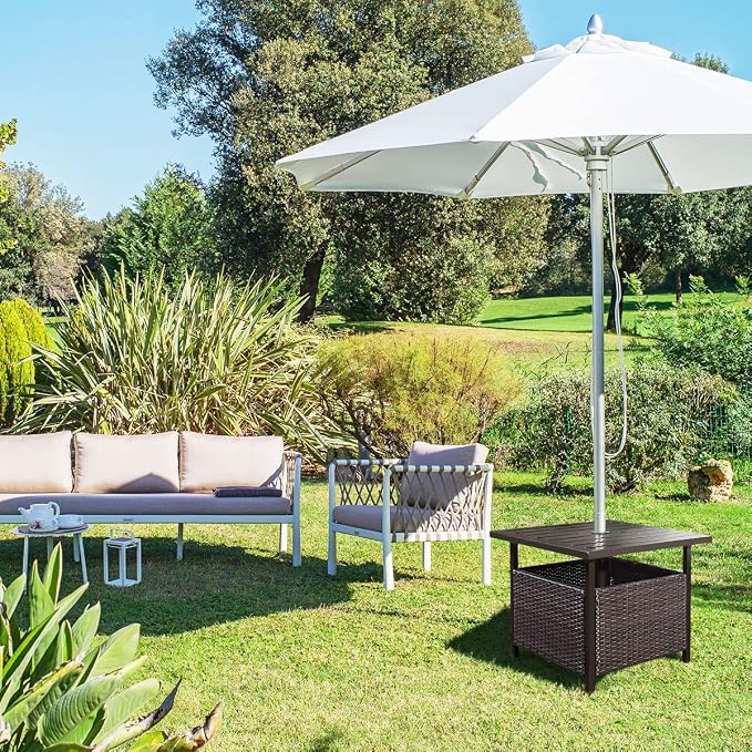 MAT EXPERT Umbrella Table with Hole, Outdoor Side Table w/ 1.57” Umbrella Hole, Steel Frame, Wicker Patio Umbrella Side Table Lawn/Garden/Poolside/Deck/Backyard, 22”x22”x18.5