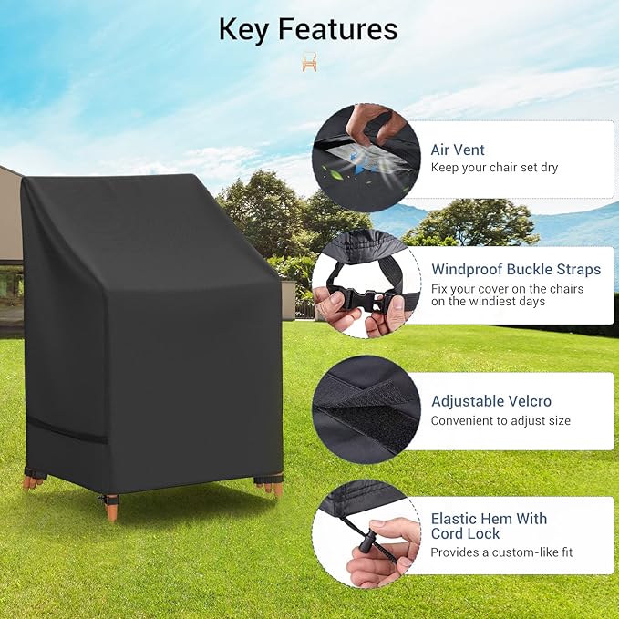 Mrrihand Patio Chair Covers, Outdoor Stackable Chair Covers Waterproof, Heavy Duty Patio Furniture Covers Fits for 4-6 Stackable Dining Chairs, 28" W× 36" D× 47" H, Black