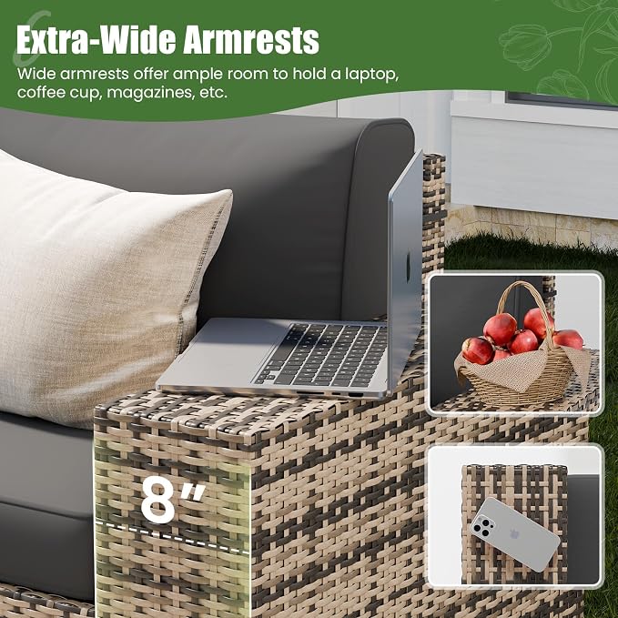 Amopatio 5 Piece Patio Furniture Set with 8" Armrest & 44" Fire Pit Table, Outdoor Wicker Rattan Sectional Sofa Conversation Set for Backyard, Garden, Poolside(Grey Cushion)
