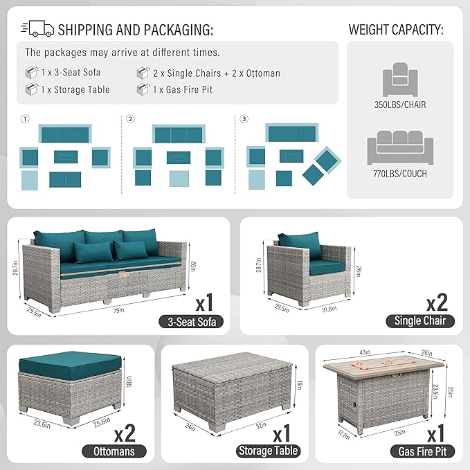 WAROOM Patio Furniture Set 6 Piece PE Rattan Outdoor Conversation Sets Grey Wicker Couch Sectional Sofa with Fire Pit Table and Peacock Blue Cushion