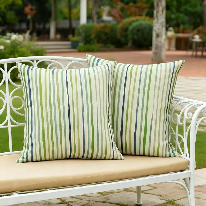 All Smiles Sage Green Outdoor Waterproof Throw Pillow Covers 18x18 Set of 2 | Spring Summer Decorative Cushion Cases Porch Decor for Patio Bench Garden Furnitures Couch Sofa,Sage Green Lines Stripes