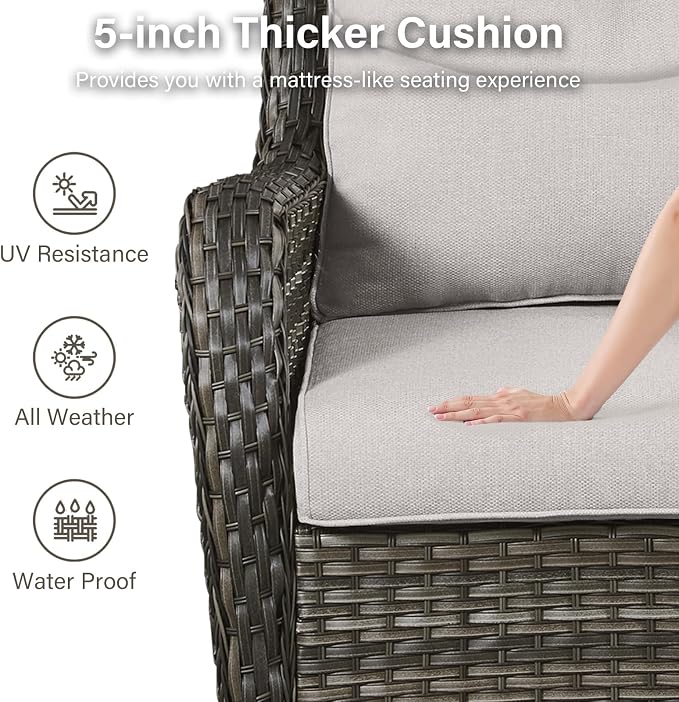 Outdoor Swivel Rocker Patio Chairs Set of 4 with Fire Table - 5" Thick Cushion 6 Piece Furniture Set with Fire Pit Table All Weather Wicker Conversation Set for Porch Deck - Gray/Beige