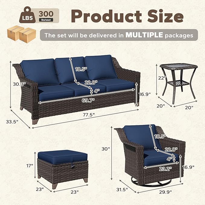 6 Pieces Patio Conversation Furniture Set - 1 Sofa, 2 Swivel Chairs, 2 Ottomans, 1 Side Table, Outdoor Wicker Furniture with Removable Cushions for Porch, Balcony, Sunroom (Blue)
