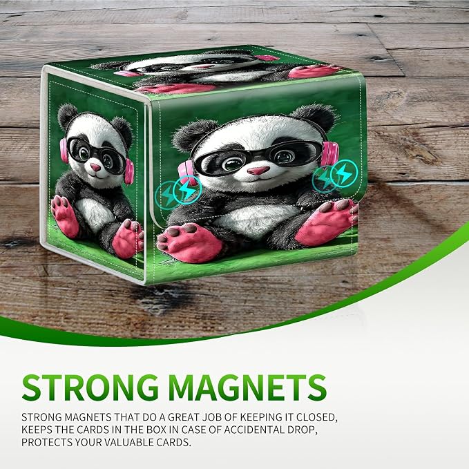 Card Deck Box for MTG, Cards Storage Box Fits 120+ Sleeved, Leather Small Size Strong Magnetic Closing Card Case for Board Games Magic TCG CCG Baseball Collection, Pink Headphones Panda