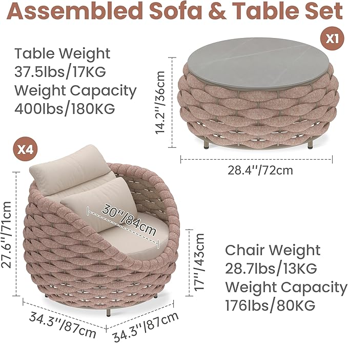 Aluminum Patio Conversation Set: 5 Pieces Deck Furniture Set All Weather - Cushioned Woven Rope Outdoor Sofa Set Assembled - Metal Modern Couch Set for 400 lbs Porch Garden Hotel, Terracotta