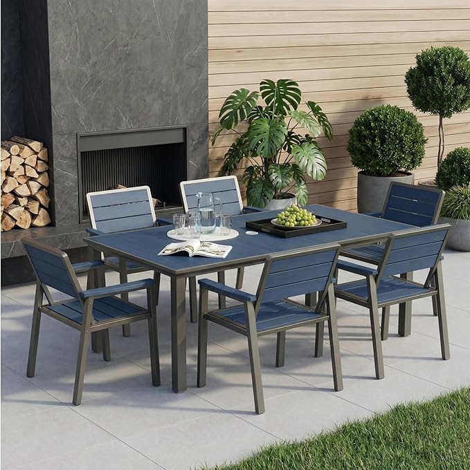 7 Piece Patio Dining Set for 6, Outdoor HDPE Table and Chairs with Umbrella Hole, All Weather Outdoor Furniture for Backyard, Deck, Lawn, Poolside, Blue