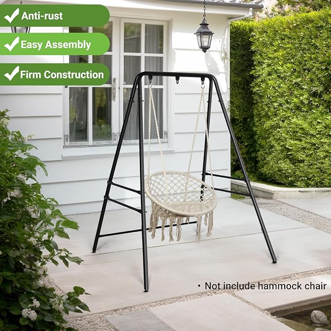 Outdoor Hammock Stand, Heavy Duty A-Frame Metal Stand with 3 Hooks, Weatherproof Design Fits Hammocks & Hanging Chairs, 450 Lbs Capacity for Backyard, Garden, Balcony & Porch
