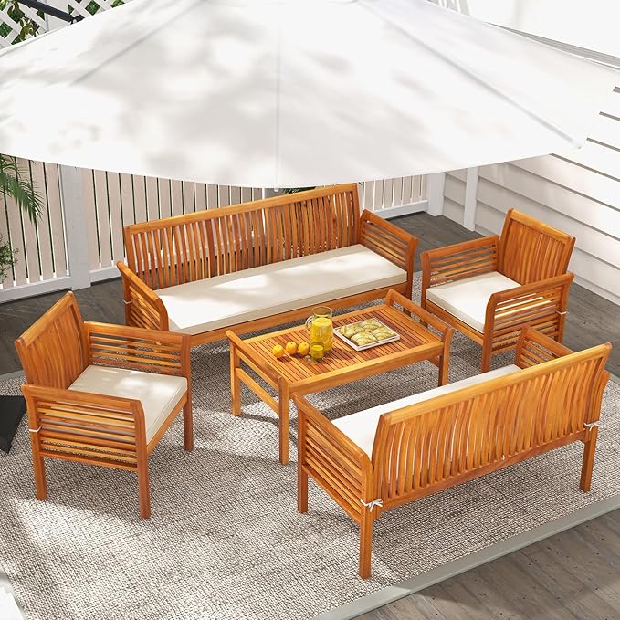 HAPPYGRILL 5 Pieces Acacia Wood Patio Conversation Set, Outdoor Furniture Sofa Set with Removable Seat Cushions, Sectional Sofa & Table Set for Garden Backyard Deck Poolside