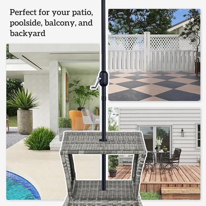 Outdoor Side Table with 1.5" Umbrella Hole, 16.9" Square, 2 Tier Rattan Wicker End Table with Storage Shelf, Lightweight PE Rattan Patio Table for Garden Poolside
