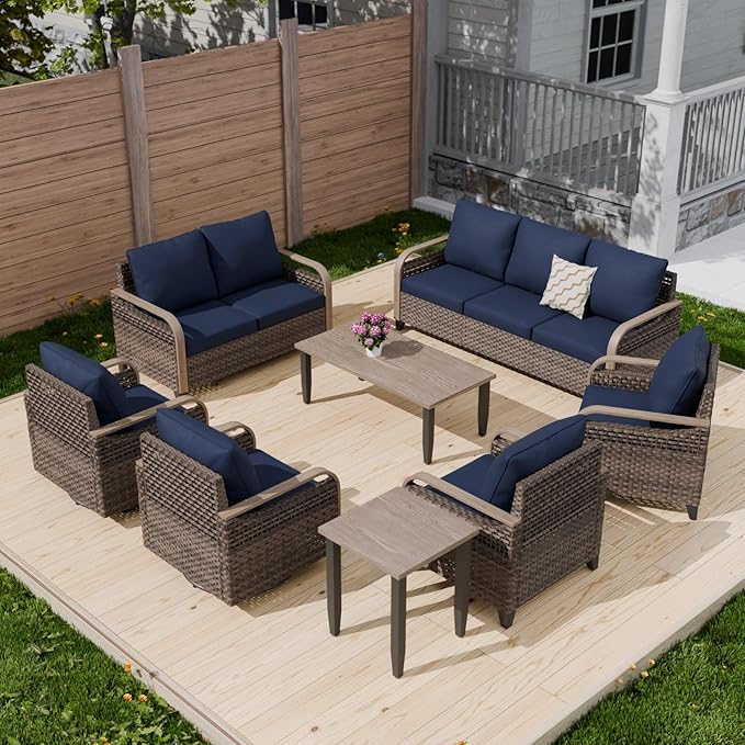 COOS BAY Modern Wicker Outdoor Furniture Set, 8 Piece Patio Conversation Set with 2 Swivel Rockers, 2 Patio Chairs, a 3 Seat Couch, a Loveseat, Coffee Table and Side Table, 8 Piece, Brown/Blue