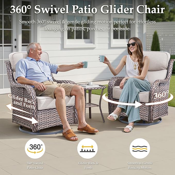 Luxury 6 Pieces Outdoor Patio Furniture Set-All Weather Wicker Outdoor Furniture with Swivel Rocker Patio Chairs 6-inch Extra Thick Cushions Wicker Conversation Set for Garden Porch(Brown/Beige)