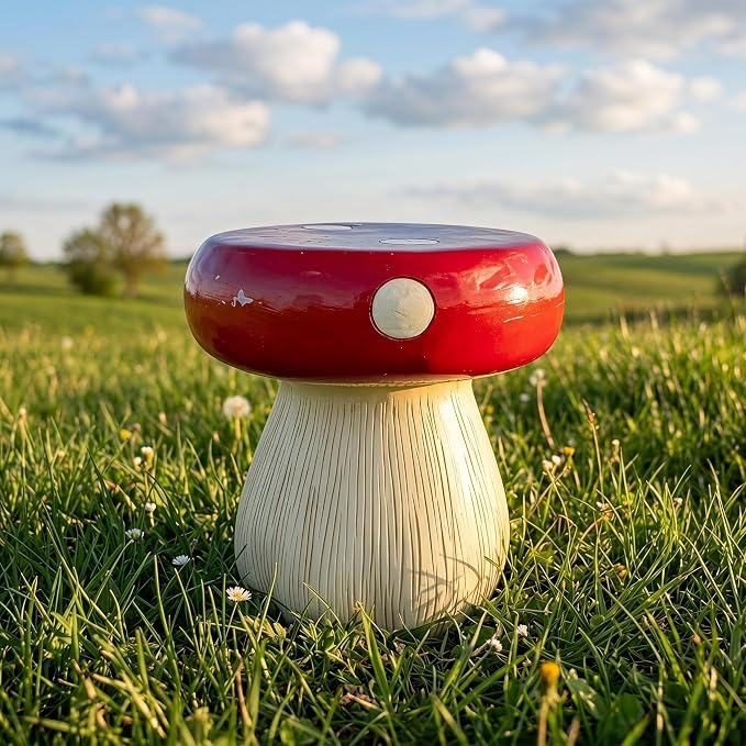 Large Mushroom Statue Stool – 13.4" Resin Garden Sculpture with Forest Base, Red Art Deco Outdoor Decor for Lawn Patio Courtyard, Weatherproof Decorative Stool, Unique Garden Gift