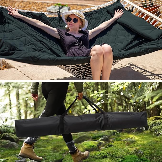 SUNCREAT Large Rope Hammock with Polyester Pad and Pillow, 12 FT Stand, Heavy Duty Carrying Bag Hammock Bag with Zipper