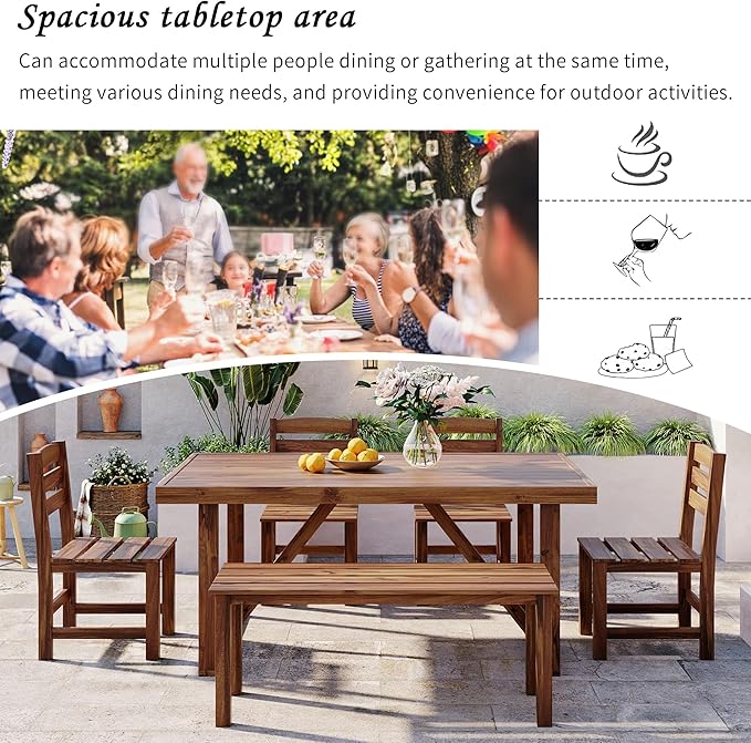 LUMISOL 6 Piece Patio Conversation Furniture Set, 6-Piece Outdoor Table Set with 4 Chairs and 1 Bench for 6 Persons, Acacia Wood Outdoor Table and Chair Set for Patio Balcony Backyard, Brown
