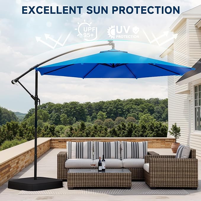 EROMMY 10FT Patio Umbrella with Base Included, Outdoor Offset Cantilever Umbrella, Infinite Tilt, Crank and Cross Base, UV Protection for Backyard, Lawn, Garden & Pool