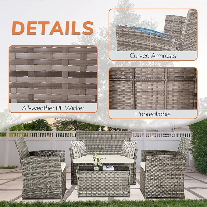 4 Piece Patio Furniture Set, Outdoor Wicker Conversation Set, Rattan Sectional Sofa Couch with Glass Coffee Table & Thick Cushion for Backyard, Porch, Garden, Poolside, Grey/Beige