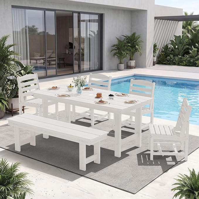 KINGYES 6-Piece Patio Dining Set, HDPE Table, Bench and Armless Chairs Outdoor Furniture Set with Umbrella Hole, White