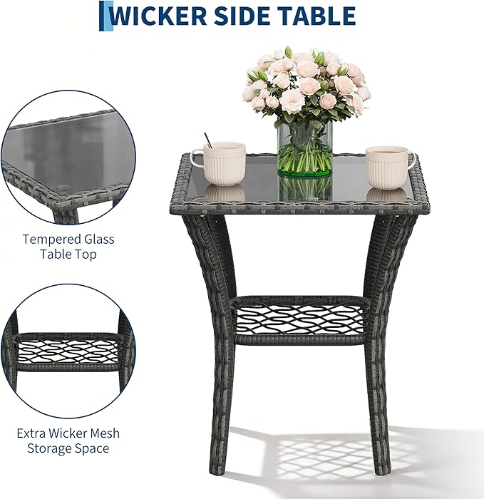 3-Piece Outdoor Patio Furniture Set, 2 Swivel Rocking Chairs and Tempered Glass Table, Wicker Chairs with 360° Swivel Glider for Deck, Porch, Garden, Poolside