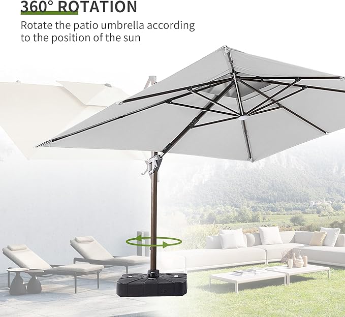 JZAC & QZYD 10X13 FT Outdoor Cantilever Patio Umbrella with Base Included and LED Lights, Large Heavy Duty 2-Tier Aluminum Offset Umbrellas with 360-Degree Rotation for Pool Deck, FogGrey