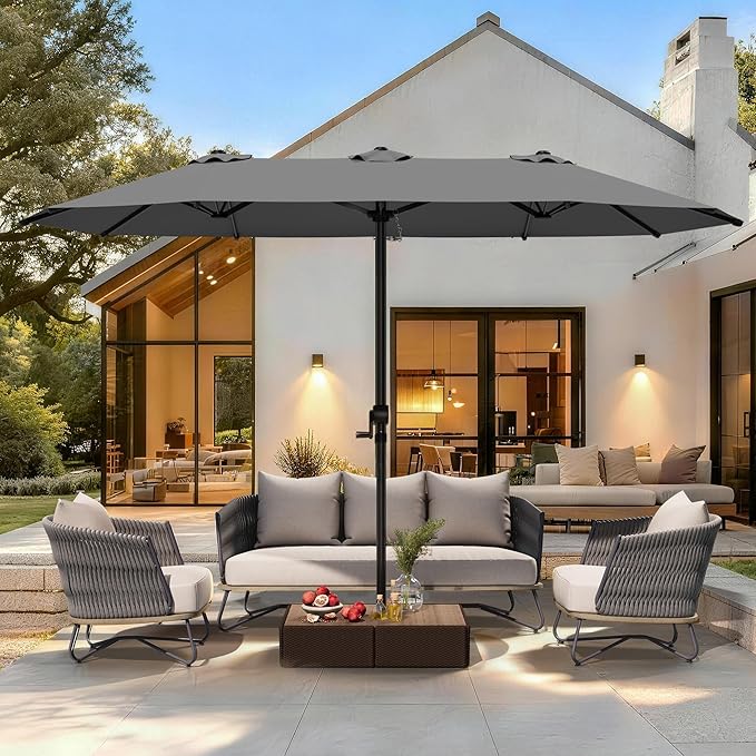 GDPFN 15FT Large Patio Umbrella, Outdoor Deck Standing Umbrella with Crank Handle, Double-Side Rectangular Pool Umbrella for Outside, Market, Patio, Dark Gray (Base Not Include)