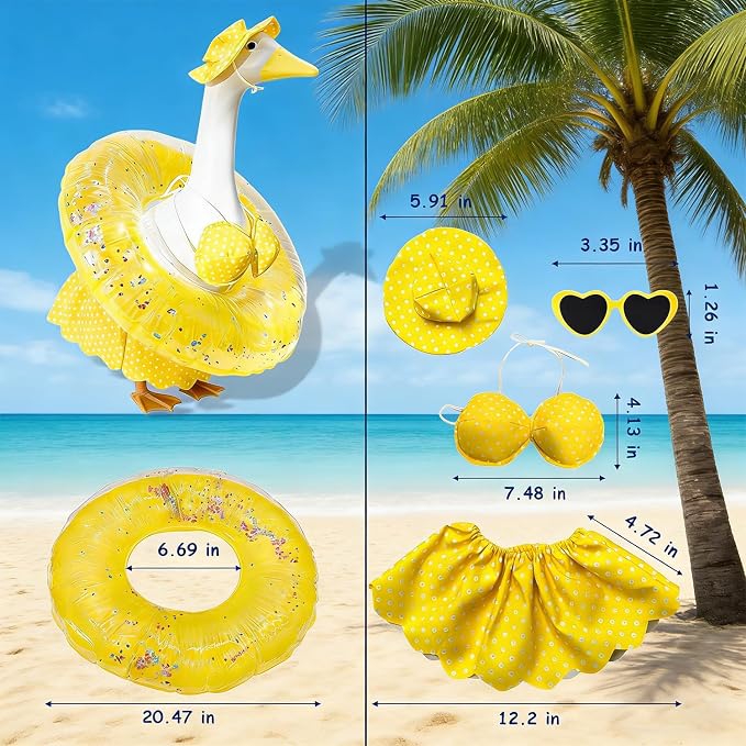 Bikini Porch Goose Outfits,Porch Goose Summer Outfits Swimsuit with Hat Sunglasses & Swim Ring,Fit 23'' Lawn Goose Statue for Summer Outdoor Garden Lawn Yard Decor(Swimsuit-Yellow)