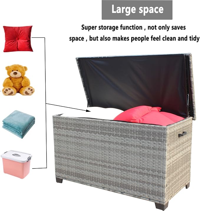 Storage Box, Wicker Patio Deck Boxes with Lid, Outdoor Cushion Storage for Pillows, Towel Grey Wicker,Deck Box and Patio Furniture Set for Garden, Pool, and Patio