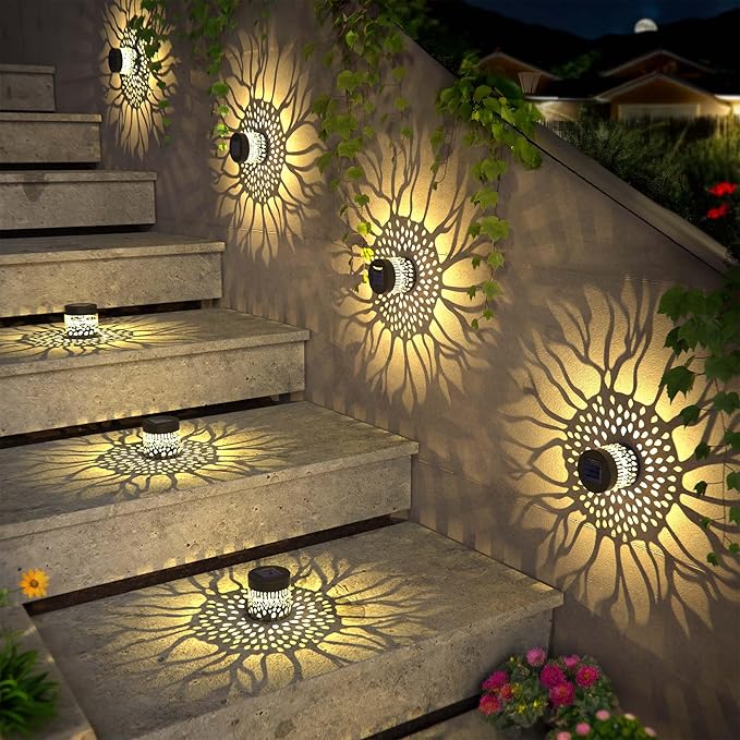 Hapjoy Solar Fence Lights 4 Pack Solar Deck Lamps Outdoor Decorations Powered Step Lights Wall Waterproof LED Warm Decorative Lighting for Garden (Sunflower, 4)