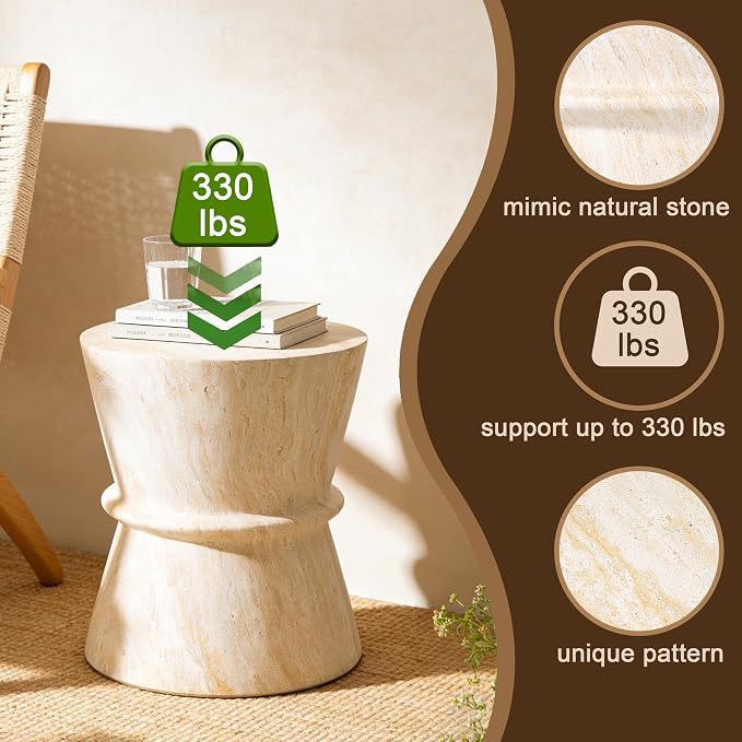 Round Outdoor Side Table, Modern MGO Concrete End Table with Faux Travertine Finish, Hourglass-Shaped Patio Side Table for Living Room Garden Balcony,Fully Assembled,Beige Travertine