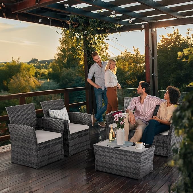4 Piece Outdoor Patio Furniture Set, All-Weather Wicker Conversation Sets Include Coffee Table, Armchair, Loveseat, Sectional Furniture for Indoor Outdoor Backyard Pool Garden (Gray & Beige)