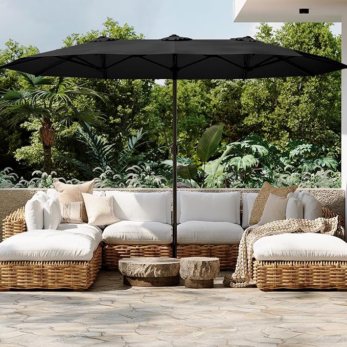 AECOJOY 15x9ft Large Patio Umbrella, Double-Sided Outdoor Market Rectangle Table 177''x104'' Umbrella with Crank Air Vents for Deck Pool Patio(1.9" Pole, Black)