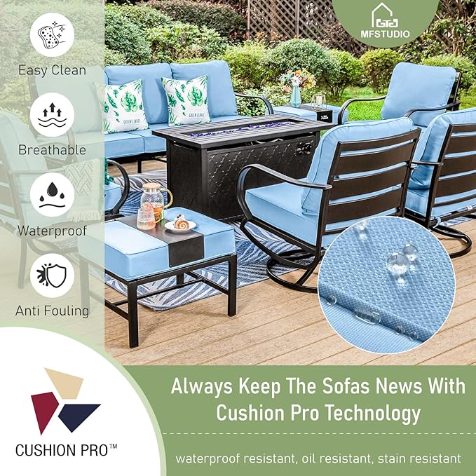 MFSTUDIO 6 Pieces Patio Furniture Sets with 45" Gas Fire Pit Table(Up to 7 Seat),Outdoor Metal Conversation Sofas with 1 x 3-Seat Sofa,2 Rocking Chairs and 2 Ottoman,Blue Cushion